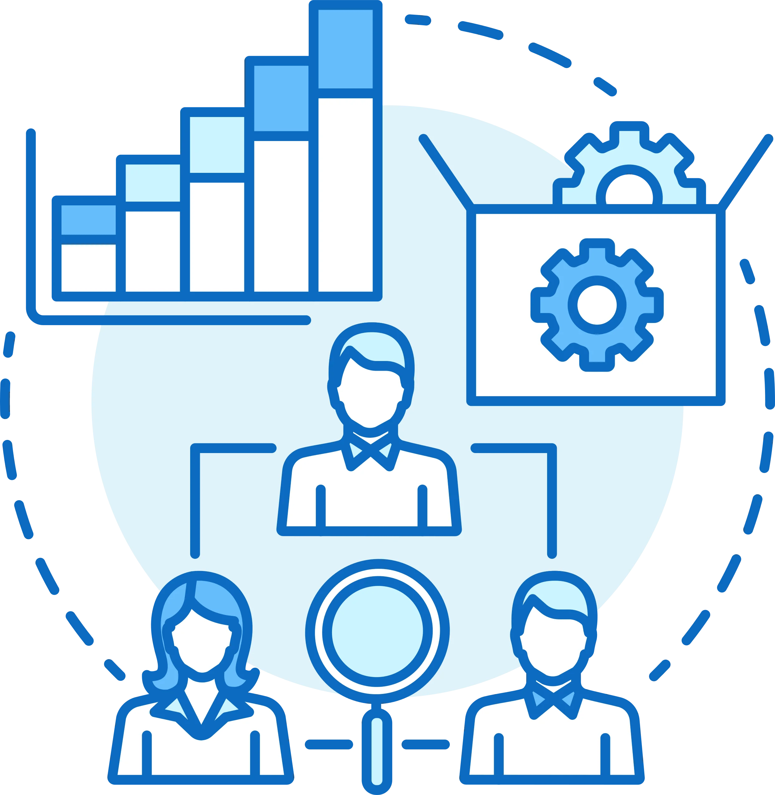 Bar chart, cogs, and people