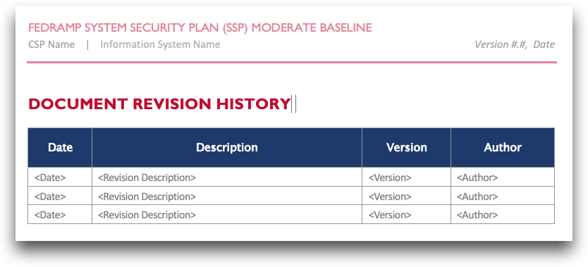 FedRAMP system security plan document revision history